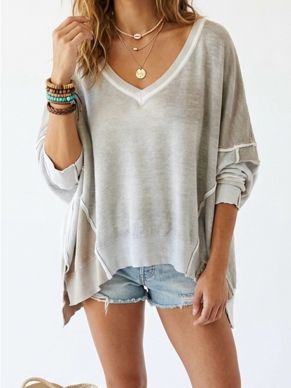 Free People We The Free Gibson V-Neck Pullover Sweater Petrified Wood Boho M
